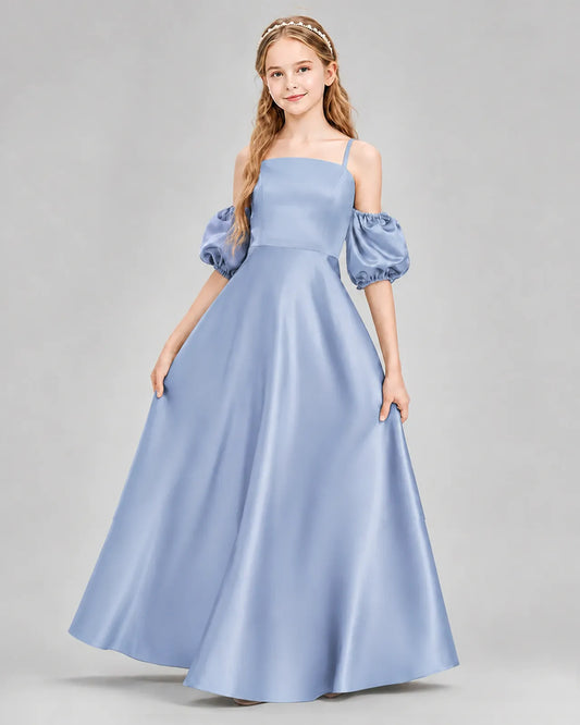 Dusty Blue Satin A-line Junior Bridesmaid Dress Front View