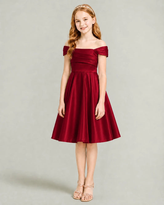 Burgundy Satin A-line Junior Bridesmaid Dress Front View