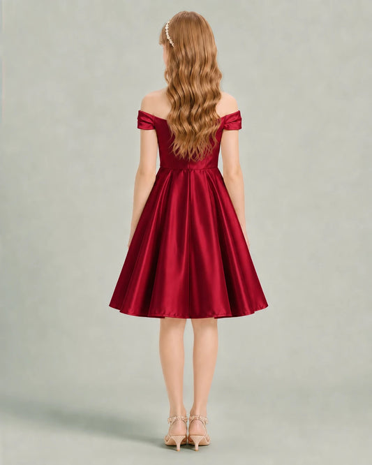 Burgundy Satin A-line Junior Bridesmaid Dress Back View