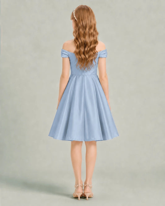 Dusty Blue Satin A-line Junior Bridesmaid Dress Back View