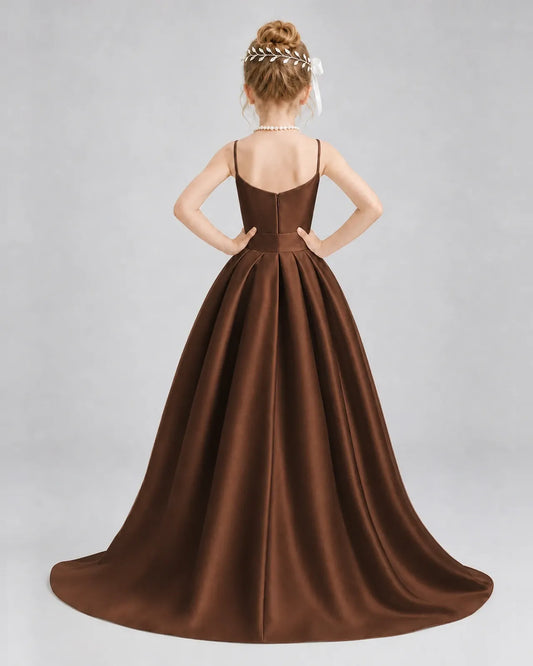 Chocolate Satin A-line Girls Formal Dress Back View