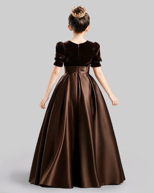 Dideyttawl Girls Formal Dress with Velvet Puff Sleeves and Satin A-Line Skirt