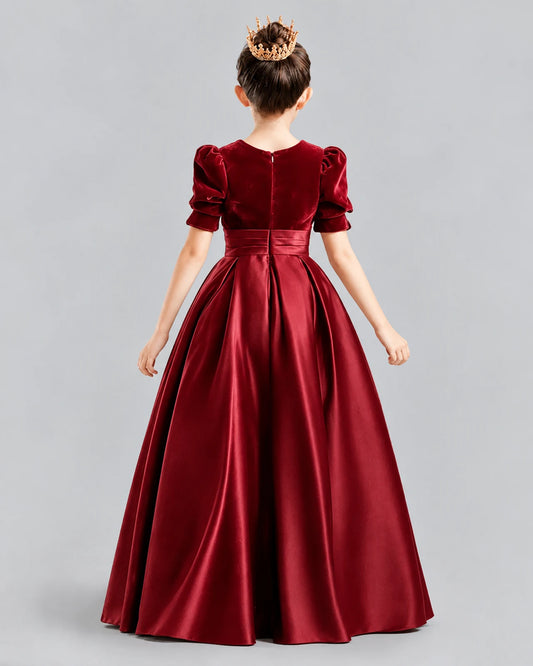 Burgundy Velvet Satin Ball Gown Girls Formal Dresses Back View