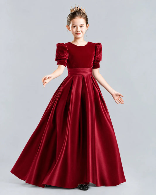 Burgundy Velvet and Satin Pleated A-Line Girls Formal Dresses Front View