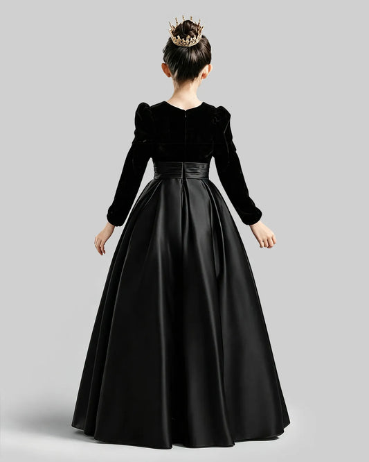 Black Velvet Satin A-line Girls Formal Dress Back View