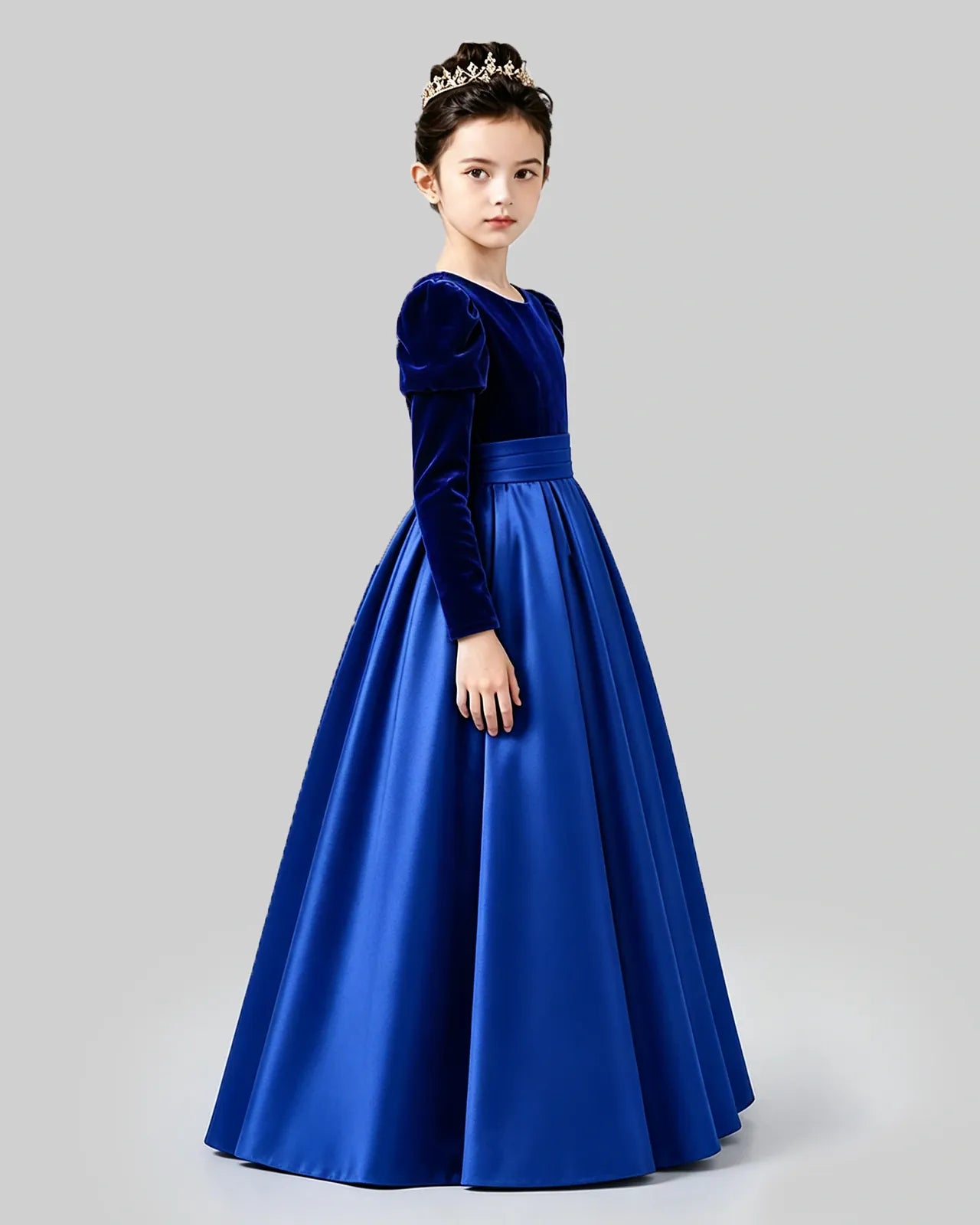 Royal Blue Velvet Satin A-line Girls Formal Dress Side View