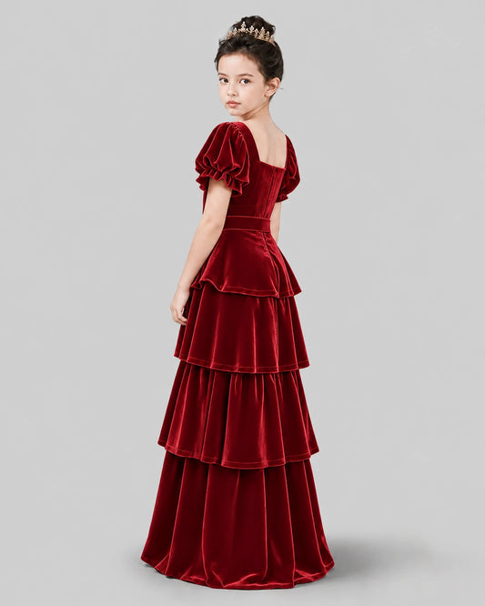Burgundy Velvet A-line Girls Formal Dress Back View