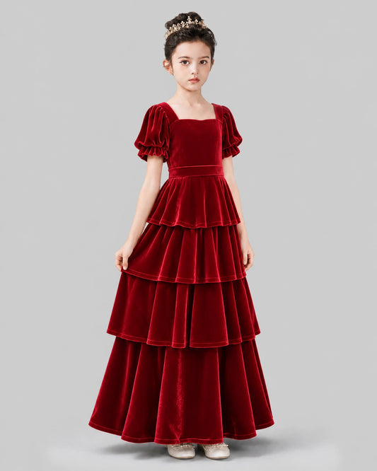 Burgundy Velvet A-line Girls Formal Dress Side View