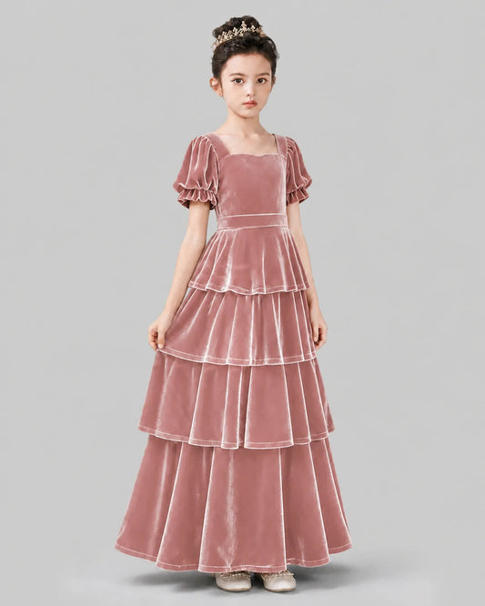 Dusty Rose Velvet A-line Girls Formal Dress Side View