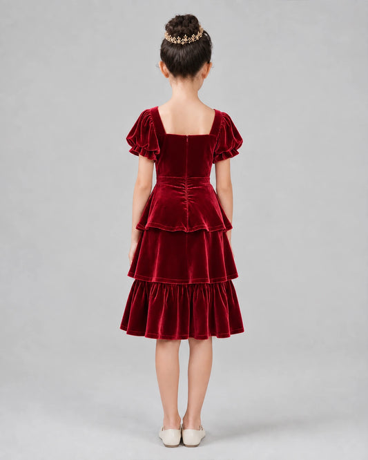 Burgundy Velvet Tiered Girls Formal Dresses Back View