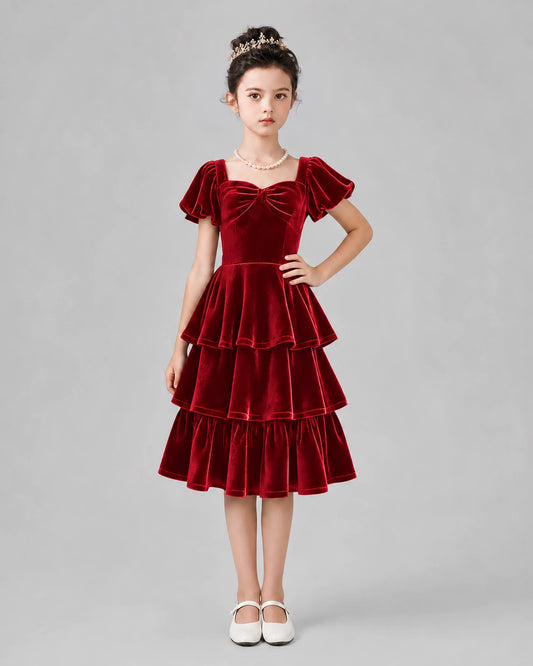 Burgundy Velvet Tiered Girls Formal Dresses Front View