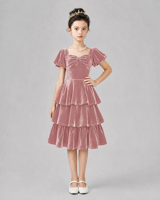 Dusty Rose Velvet Tiered Girls Formal Dresses Front View