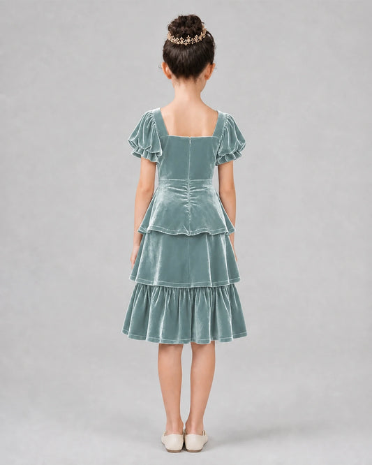 Dusty Blue Velvet Tiered Ruffle Girls Formal Dresses Back View