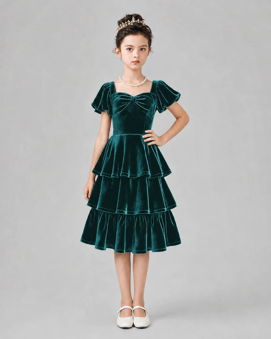 Peacock Velvet Tiered Girls Formal Dresses Front View