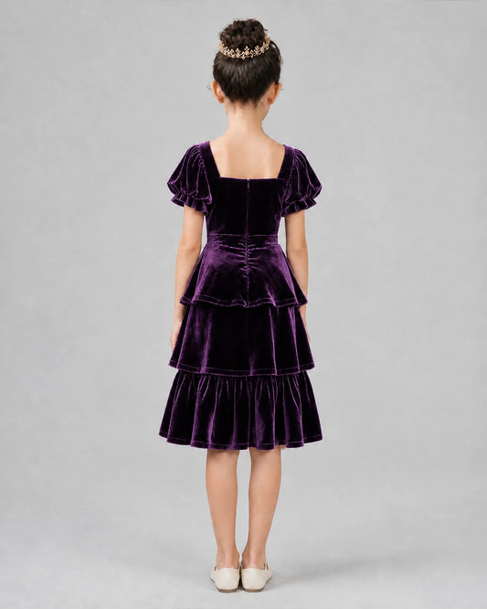 Purple velvet tiered puffy sleeve girls formal dress Back View