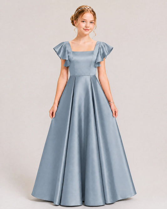 Dusty Blue Satin A-line Junior Bridesmaid Dress Front View