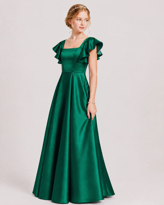 Dark Green Satin A-line Junior Bridesmaid Dress Front View