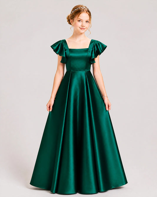 Dark Green Satin A-line Junior Bridesmaid Dress Front View