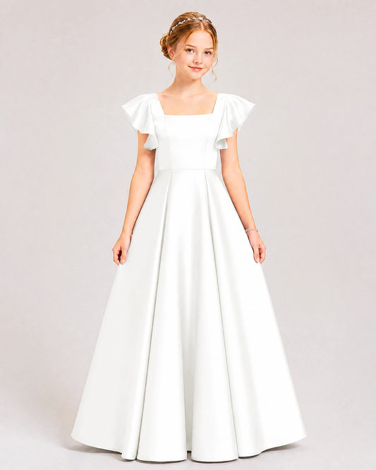 White Satin A-line Junior Bridesmaid Dress Front View