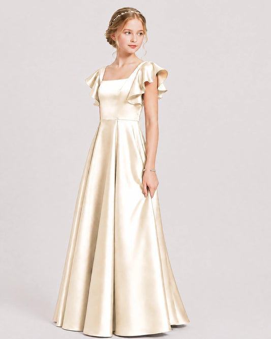 Champagne Satin A-line Junior Bridesmaid Dress Front View