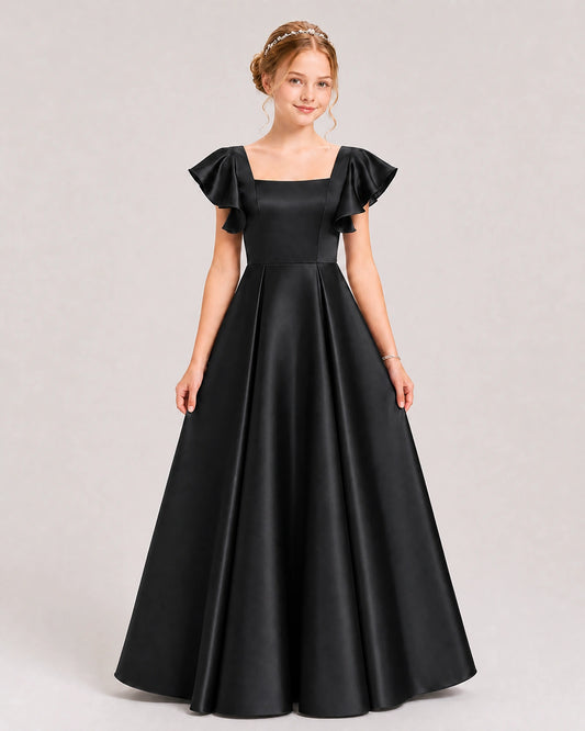 Black Satin A-line Junior Bridesmaid Dress Front View