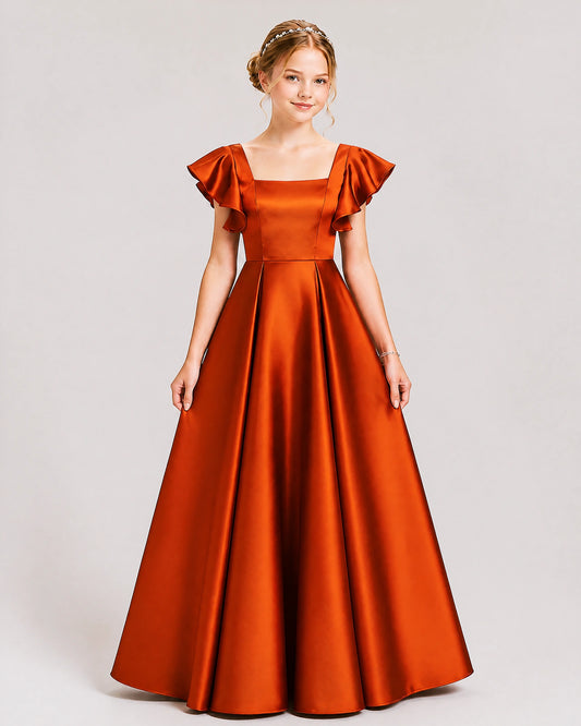 Burnt Orange Satin A-line Junior Bridesmaid Dress Front View