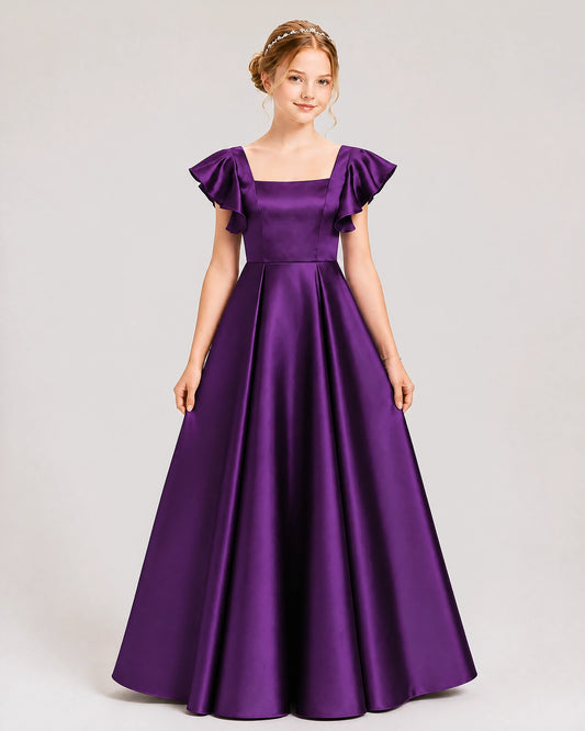 Purple Satin A-line Junior Bridesmaid Dress Front View