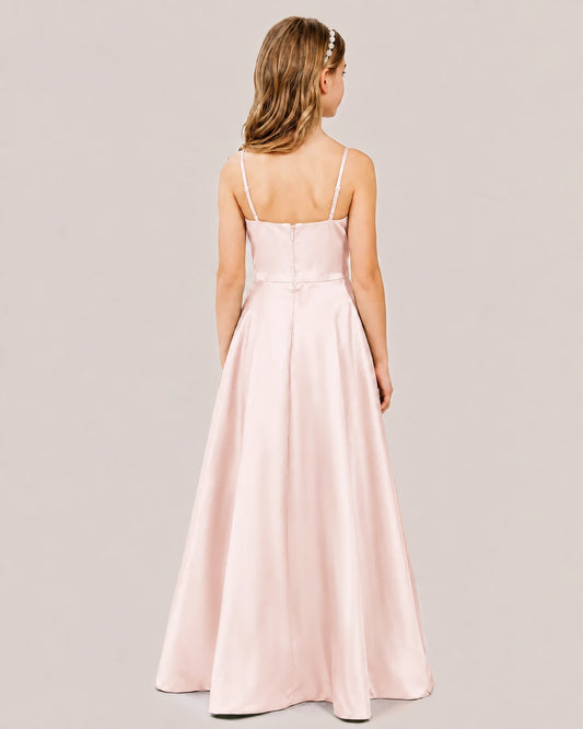 Blush Pink Satin A-line Junior Bridesmaid Dress Back View