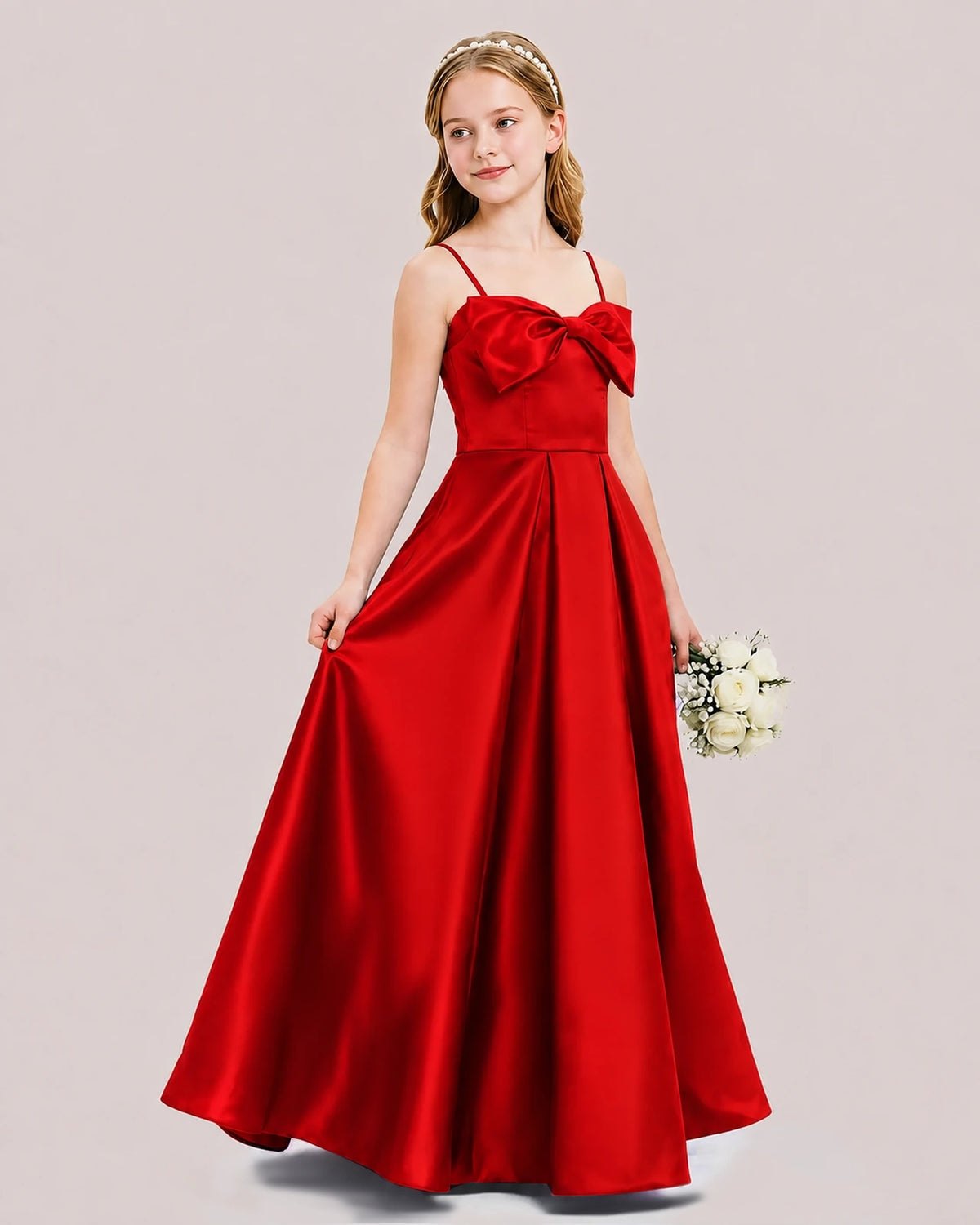 Red Satin A-line Junior Bridesmaid Dress Side View