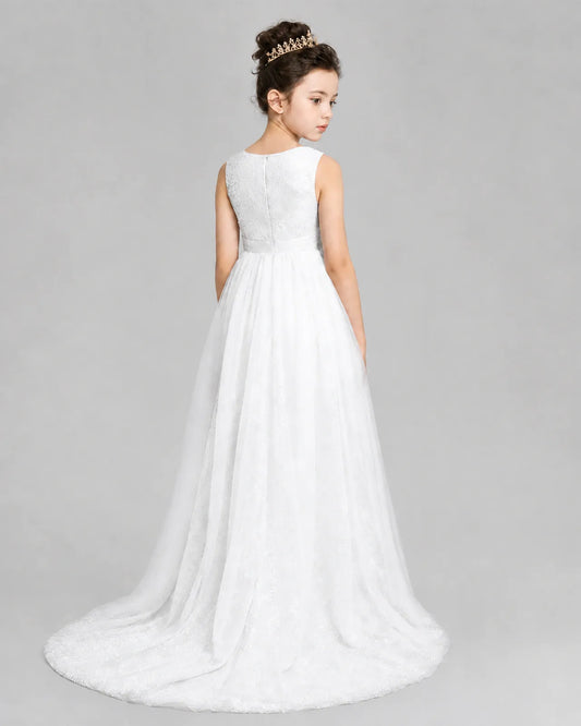 White Tulle A-line Girls Formal Dress Back View