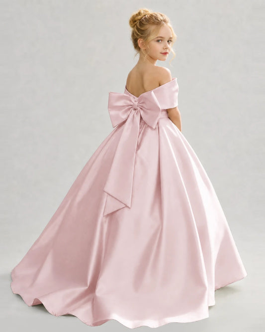 Blush Pink Satin Ball Gown Flower Girl Dress Back View