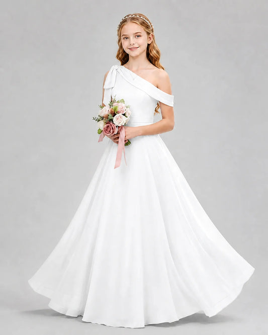 White Chiffon A-line Junior Bridesmaid Dress Front View
