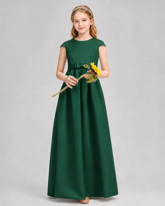 Dark Green Satin A-line Junior Bridesmaid Dress Front View
