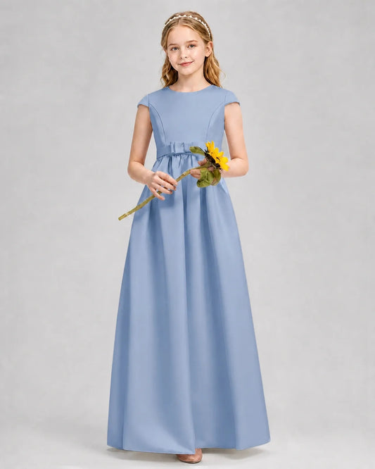 Dusty Blue Satin A-line Junior Bridesmaid Dress Front View