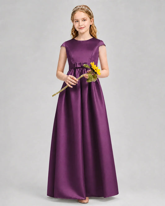 Grape Satin A-line Junior Bridesmaid Dress Front View