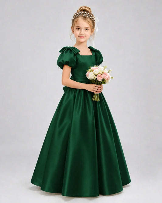 Dark Green Satin A-line Flower Girl Dress Front View
