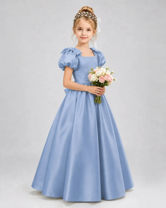 Dusty Blue Satin A-line Flower Girl Dress Front View