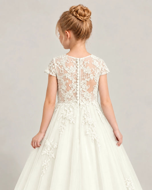 Ivory Tulle Flower Girl Dress Back Detail View
