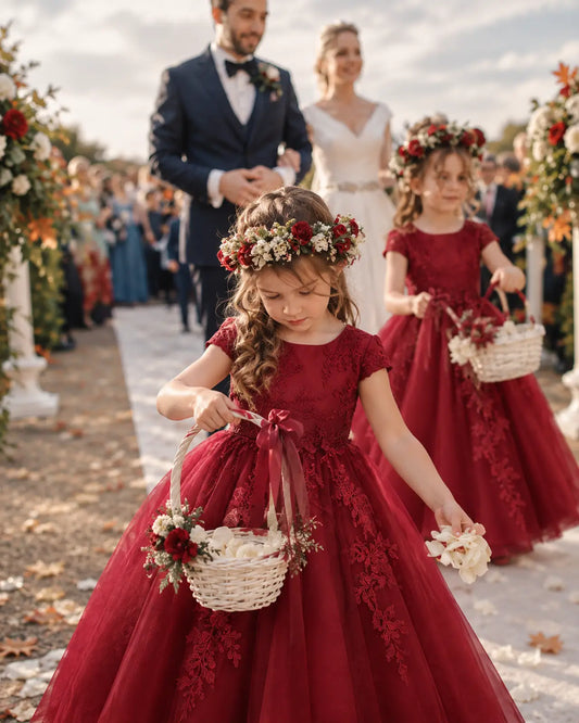 Burgundy Tulle A-line Flower Girl Dress Front View