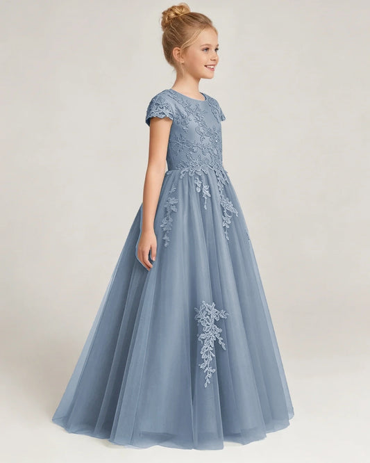 Dusty Blue Tulle A-line Flower Girl Dress Side View