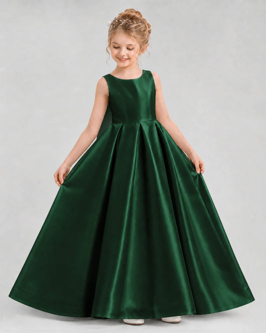 Dark Green Satin A-line Flower Girl Dress Front View