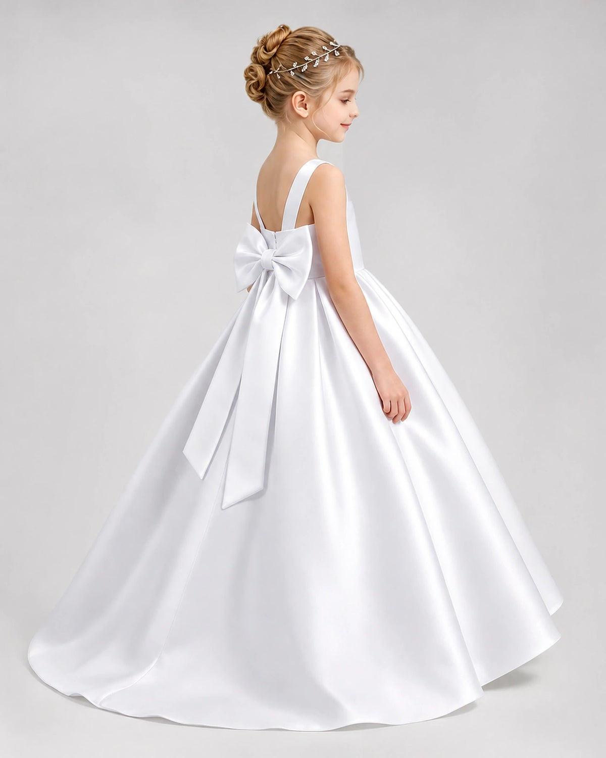 White Satin A-line Flower Girl Dress Side View