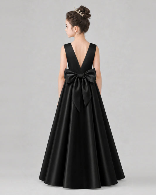 Black Satin A-line Girls Formal Dress Back View