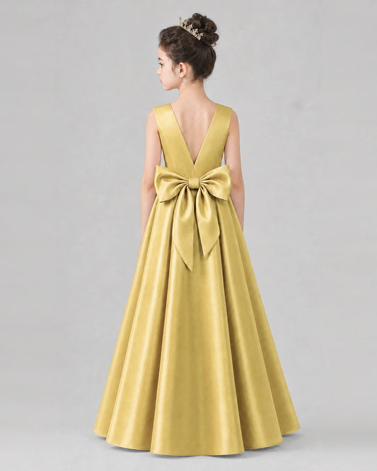 Gold Satin A-line Girls Formal Dress Back View