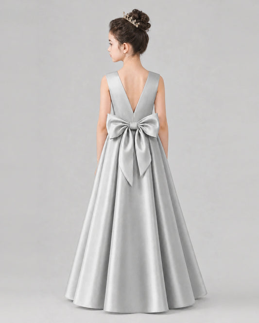 Silver Satin A-line Girls Formal Dress Back View