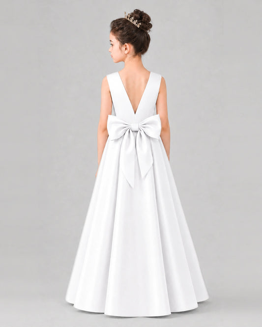 White Satin A-line Girls Formal Dress Back View