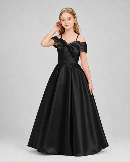 Black Satin Off-The-Shoulder Bow A-Line Girls Formal Dresses Front View