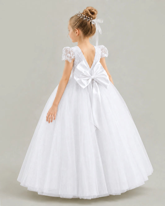 White Tulle Ball Gown Flower Girl Dress Back View