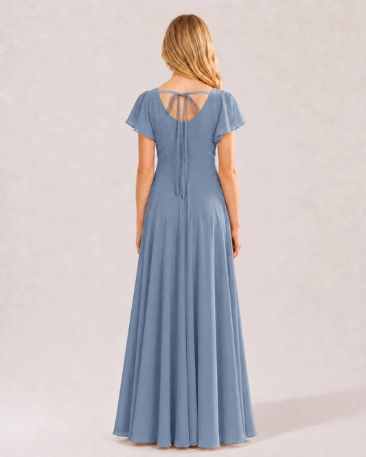 Dusty Blue Chiffon A-line Junior Bridesmaid Dress Back View