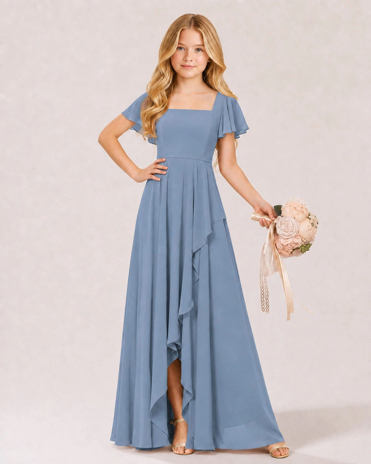 Sky Blue Junior Bridesmaid Dress | Flutter Sleeve Chiffon High-Low Gown